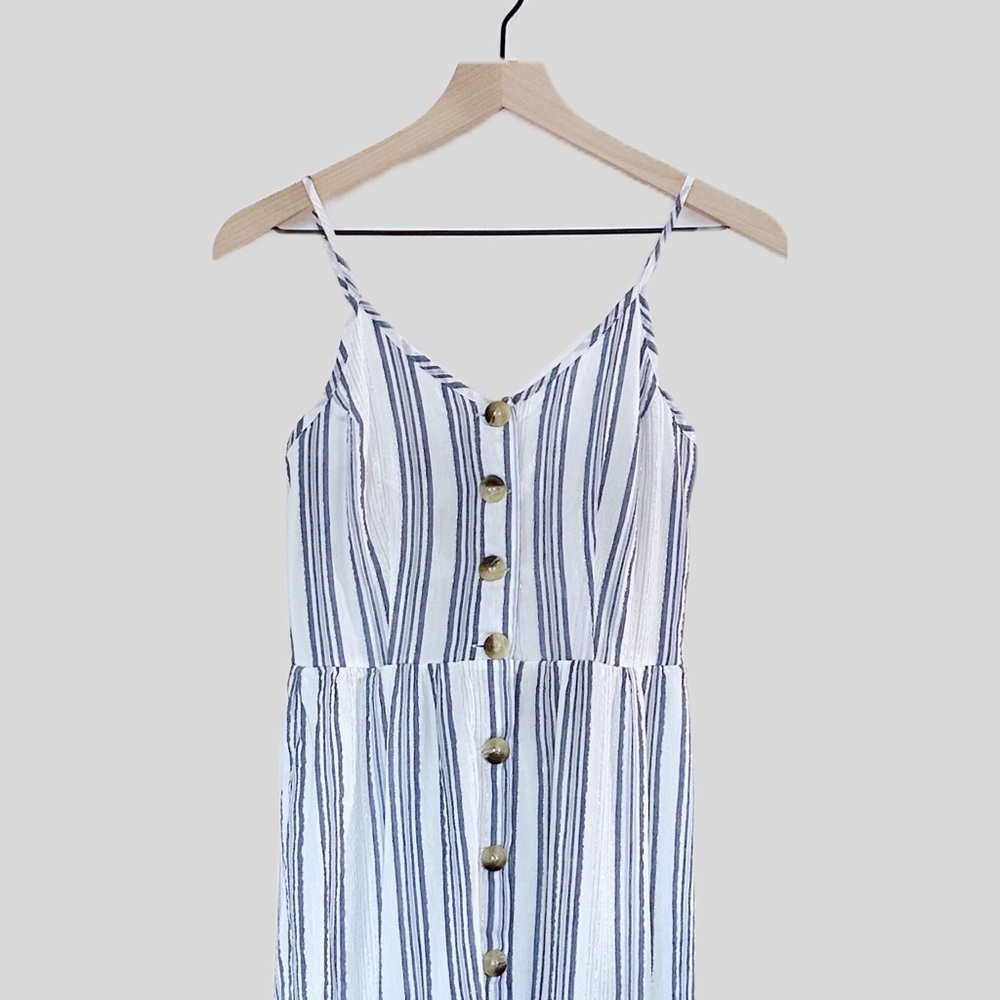 Japna Size S Summer Striped Blue Silver and White Button Midi Dress